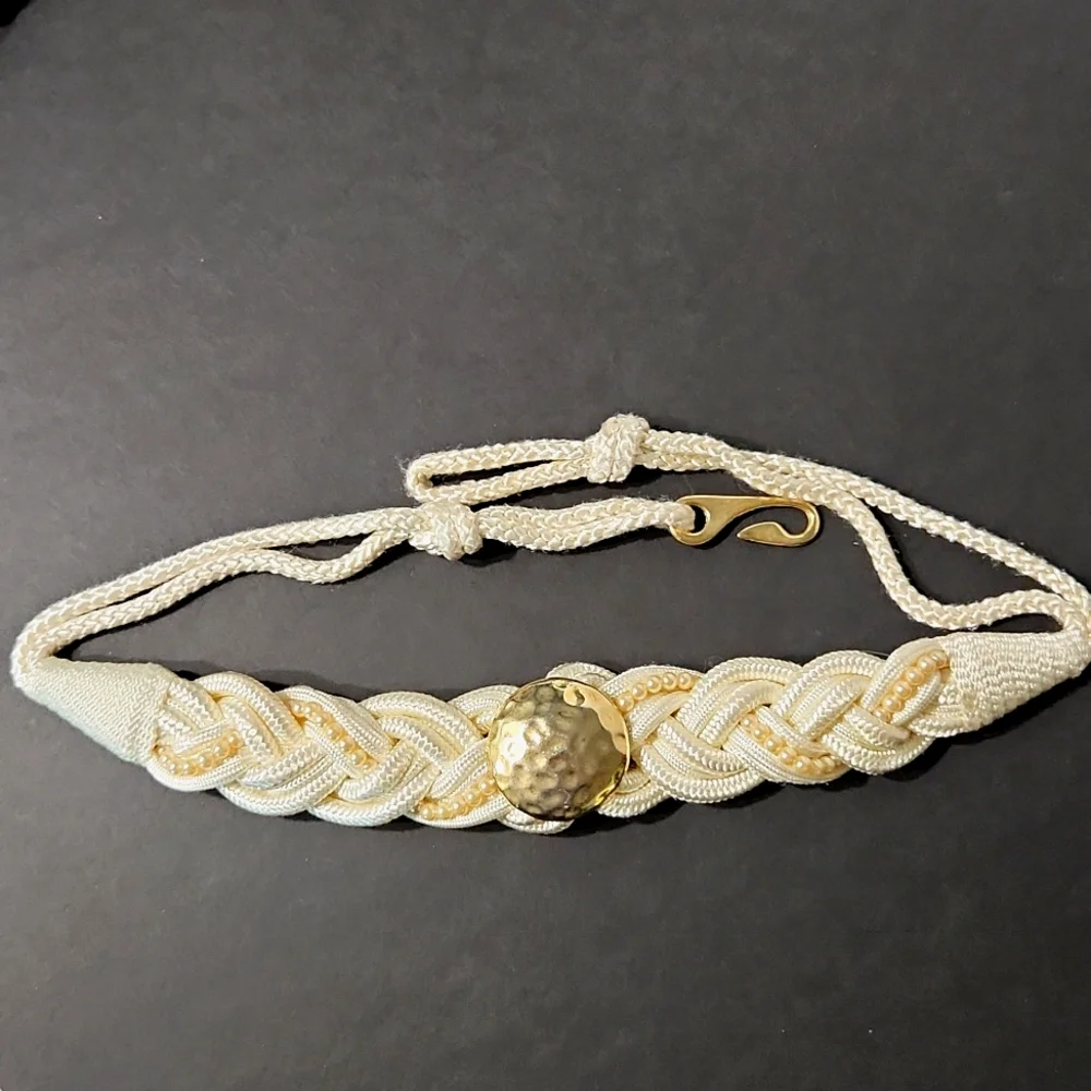 Vintage Elegant Ivory Hammered Gold Satin Braided Belt With Pearl Detail Large